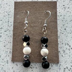 Handmade Black and White Beaded Dangling Earrings